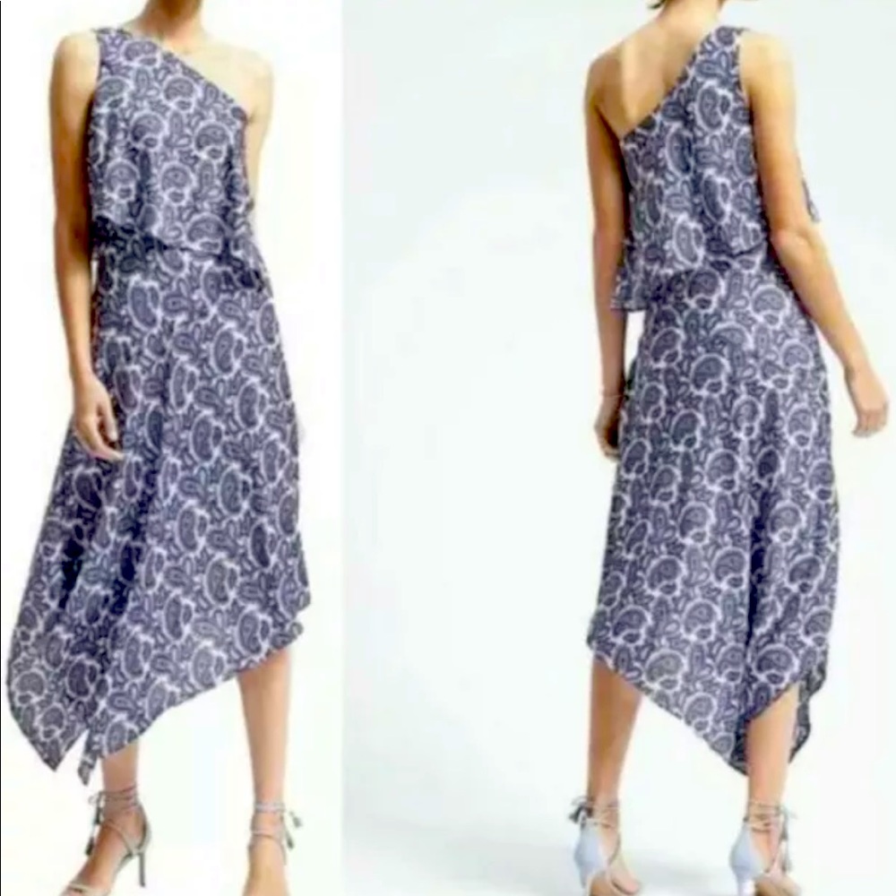 Banana Republic Sz 4 Ruffled One Shoulder Blue, White Paisley Midi Dress